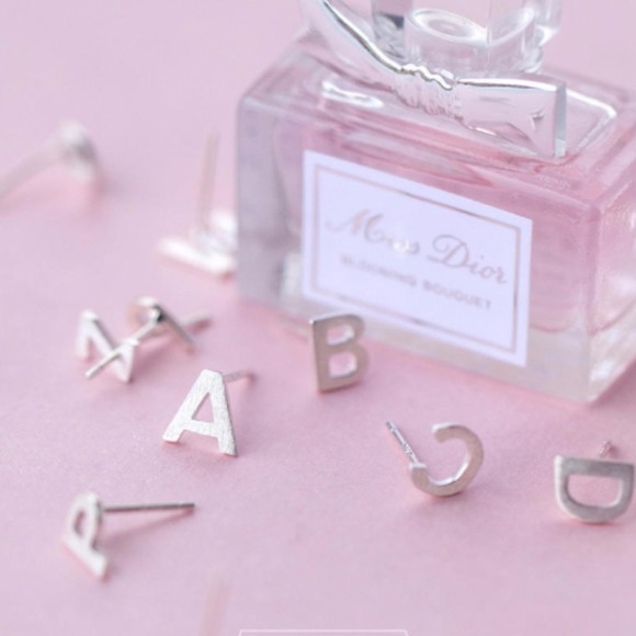 Sterling Silver Alphabet Earrings ABC Stud Earrings - Picture 2 of 5